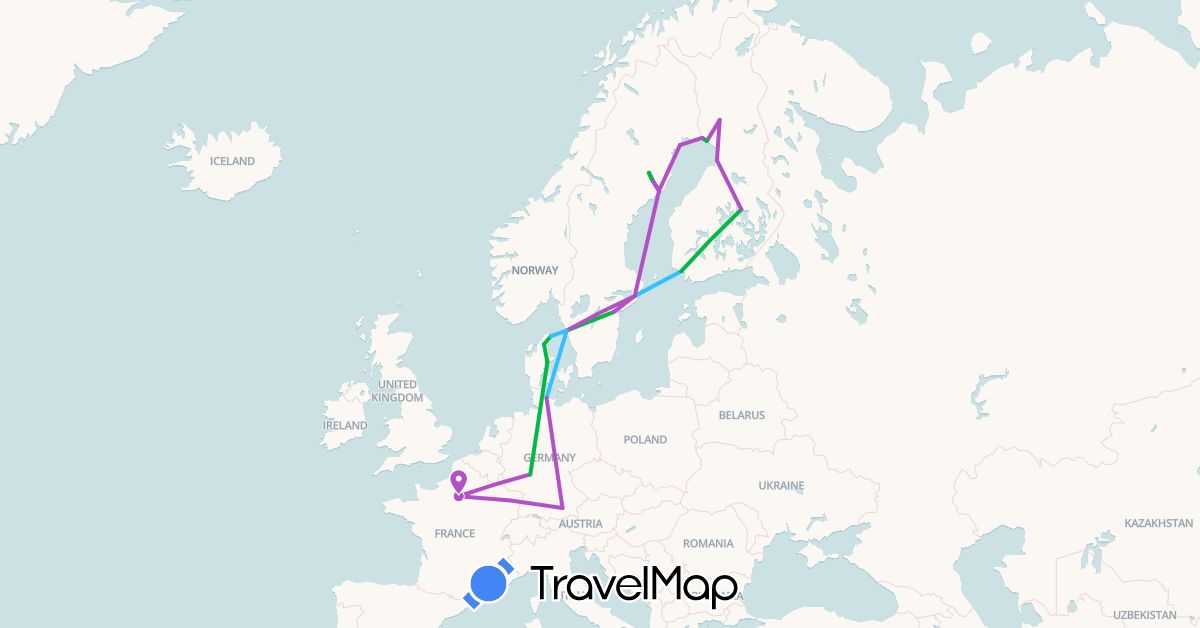 TravelMap itinerary: driving, bus, train, boat in Germany, Denmark, Finland, France, Sweden (Europe)